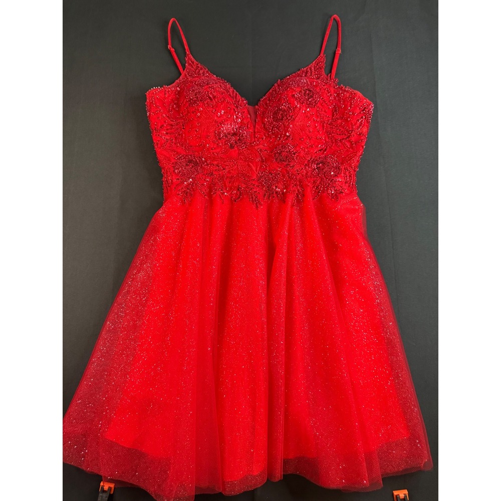 Red Sequin Lace Glitter Tulle Dress Corset Back Formal Mini